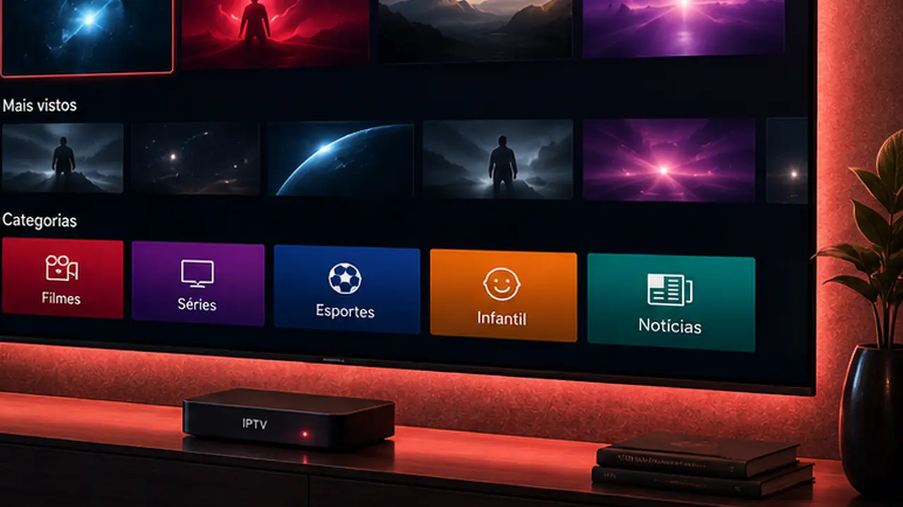 Ambiente com Smart TV destacando IPTV 12 reais e planos IPTV